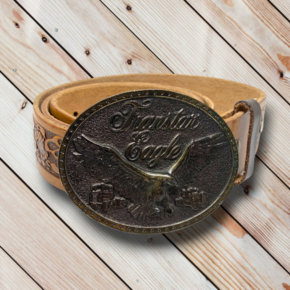 Vintage Transtar Intl Harvester Eagle Brown Tooled Leather Western Belt Buckle - Picture 1 of 5